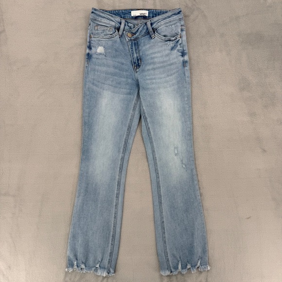 Vervet Los Angeles Crossover Waist Flare Jeans Light Wash Distressed Raw Hem 24 - Picture 2 of 13